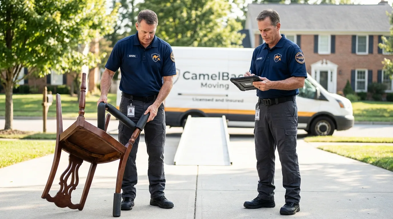 Movers inspecting furniture for damage prevention before loading in Mount Hope, WV