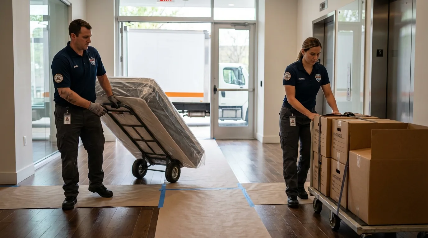 Professional apartment movers loading elevator in Mount Hope, WV